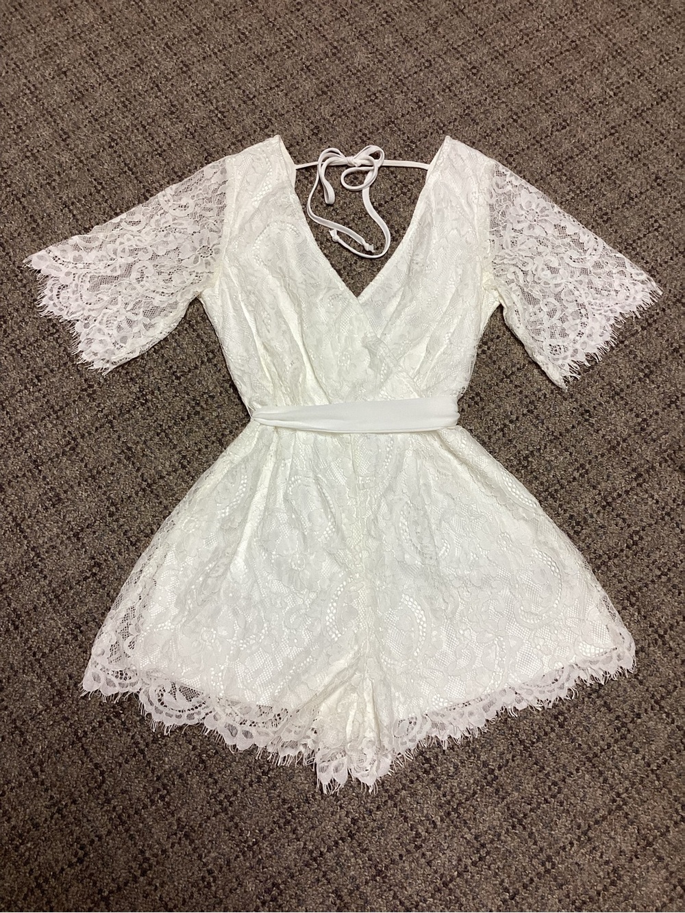 Three Pink Hearts Creamy White Lace Wrap Romper * Size XS